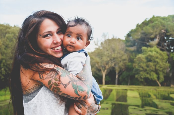 A portrait of a mother and baby at Parc del Laberint d'Horta - best barcelona picture spots