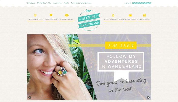 screenshot of the alex in wanderland homepage