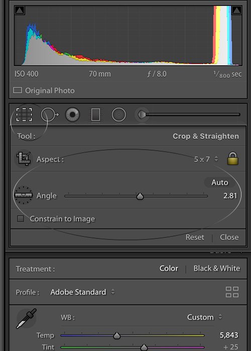 Adjusting the crop tool sliders in Lightroom