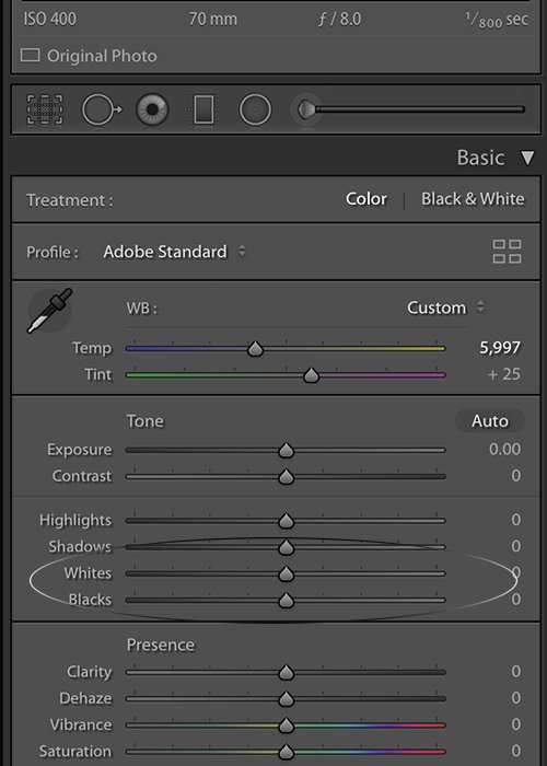 Adjusting the black and white sliders in Lightroom