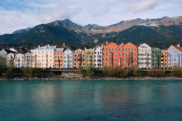 A line of coloured houses on the coast of Innsbruck 