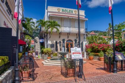 Street view of shopping centers on Main Street in St. Thomas, U.S. Virgin Islands.