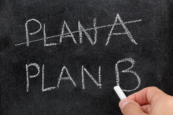 Hand holding a piece of chalk, writing on a blackboard, Plan A, Plan B